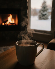 Fototapeta premium Warm drink by the fireplace with winter view outside