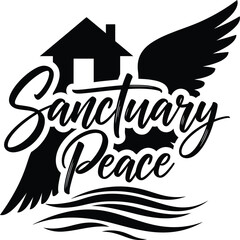 Sanctuary Peace House Wings Heart Vector Black Hand Drawn Typography Logo Emblem Badge Icon Silhouette Vintage Retro Graphic Home Comfort Safety Love Shelter