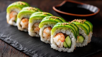 Tasty shrimp and avocado sushi roll on slate with soy sauce.