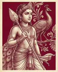 Lord Murugan Holding Vel Spear with Peacock, Indian God Illustration