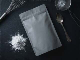 Gray packaging bag with baking ingredients and kitchen tools