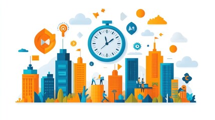 Flat design illustration of a cityscape with people working, a large clock, and various business-related elements