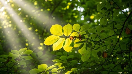 Golden sun rays piercing through lush green forest leaves, illuminating nature's vibrant canopy