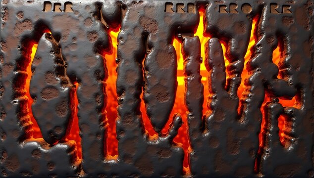 Dark textured irregular material with carved letters DRR RRR RRO RR over a bright glowing orange background