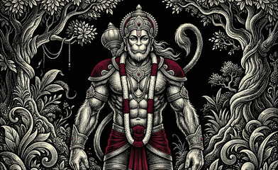 Powerful Hanuman Warrior God in Ornate Armor Amidst Lush Forest