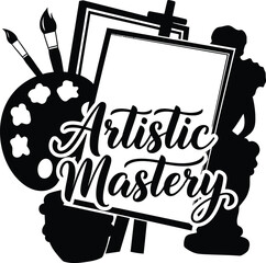 Artistic Mastery Palette Brush Canvas Vector Black Hand Drawn Typography Logo Emblem Badge Icon Silhouette Vintage Retro Graphic Artist Studio Creative Expression