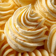 Macro texture of creamy pasta with soft swirls, golden tones, appetizing look, culinary aesthetic, food background, gastronomy.
