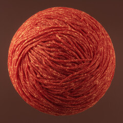 Abstract texture of twisted meat fibers, rich red color, circular shape, minimalism, gastronomic concept, background.
