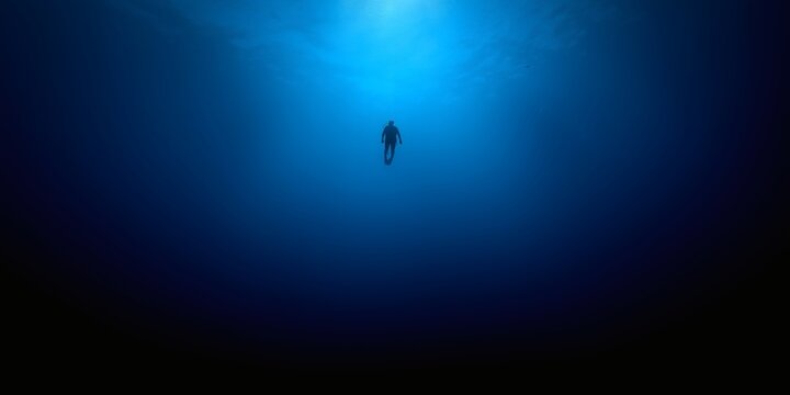 Diver descends in the deep blue, a moment suspended in the ocean.