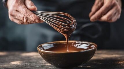 Fototapeta premium Elderly caucasian male mixing rich chocolate ganache in rustic kitchen.