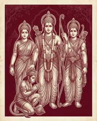 Lord Rama, Sita, Lakshmana and Hanuman with bow and arrow, Indian mythology