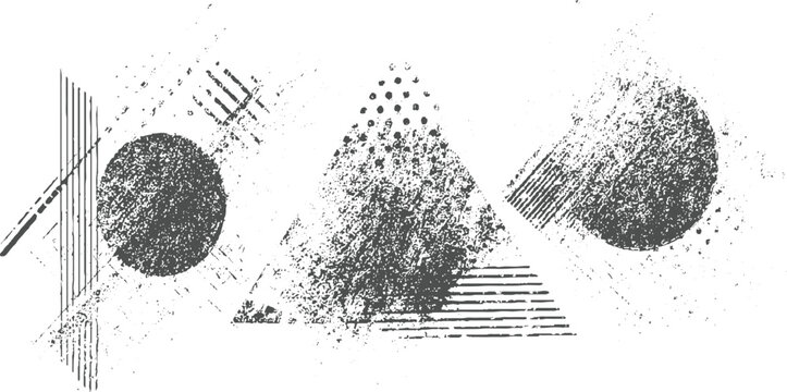 Geometric abstract shapes including circles triangles and lines with grunge texture and distressed effect in dark gray on a white background for creative