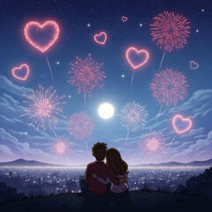 Couple watching heart-shaped fireworks display isolated on white background