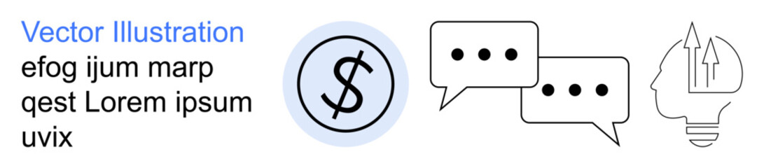 Fototapeta premium Finance management, business solutions, communication tools, creative problem-solving, innovative thinking, technology. Dollar symbol, speech bubbles human head with arrows. Finance