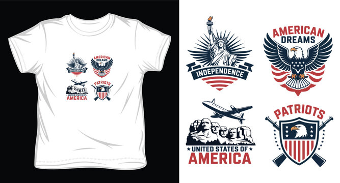 American independence day t-shirt design with statue of liberty bald eagle mount rushmore and patriots symbols
