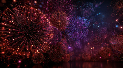3D rendering of a spherical pyrotechnic composition consisting of bright volumetric explosions. Ideal background element for a variety of vivid presentation