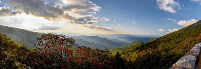 Cloudy sunset palette of shades of brown, orange and gold viewed from the Craggy Gardens Outlook outside Asheville North Carolina towards the Great Smokey Mountains of Tennessee