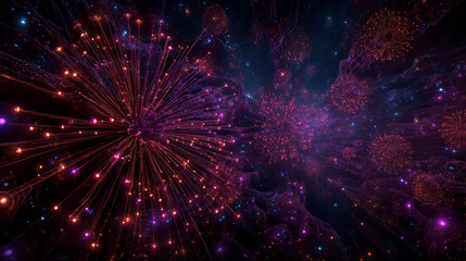 3D rendering of a spherical pyrotechnic composition consisting of bright volumetric explosions. Ideal background element for a variety of vivid presentation