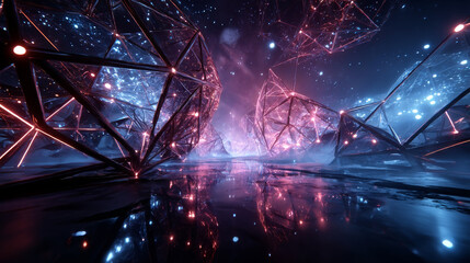 3D rendering abstract polygonal space low poly with connecting surface. Futuristic HUD background