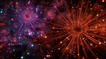 3D rendering of a spherical pyrotechnic composition consisting of bright volumetric explosions. Ideal background element for a variety of vivid presentation