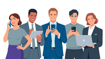 Diverse business professionals enthusiastically using digital devices like smartphones tablets and laptops for success