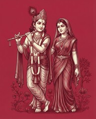 Lord Krishna and Radha Dancing in Red Tones, Traditional Indian Art Style