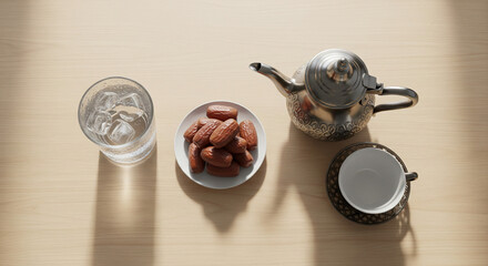 Ramadan Iftar Table Flat Lay Minimal Illustration