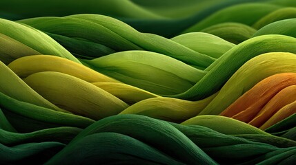 Abstract landscape of flowing, wavy, vibrant greens and yellows