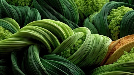 Abstract swirls of twisting, vibrant green and pale orange strands, suggesting a dense, organic growth