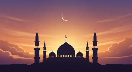 Elegant Mosque Silhouette At Sunset Ramadan Background