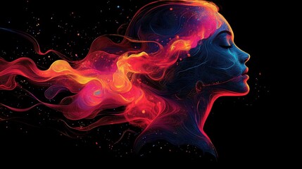 Abstract female profile, vibrant colors swirling around, suggesting energy and emotion