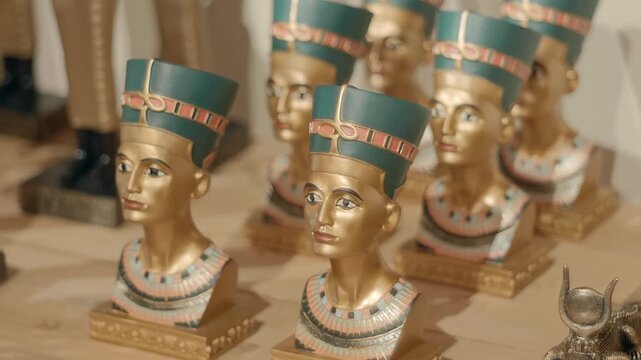 The souvenir shop sells metal busts of Goddes Nefertiti, the symbol of Ancient Egypt. Closeup. Shot in motion