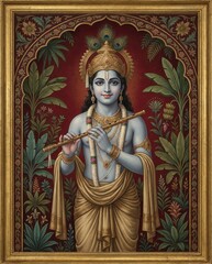Lord Krishna Playing Flute, Hindu Deity, Divine Portrait with Peacock Feathers and Ornate Arch
