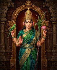 Goddess Lakshmi with Parrot, Sugarcane, and Lotus in Traditional Temple Setting