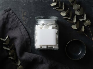 Jar of sugar cubes with blank label and green leaves