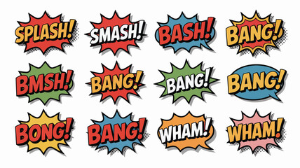 Group of vivid comic book style sound effect bubbles with classic pop art design and halftone textures