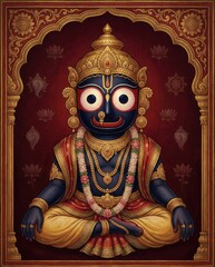 Lord Jagannath, Hindu deity, seated in lotus position with ornate golden crown and jewels