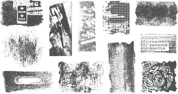 Assortment of textured grunge including text fragments, splatters, and abstract patterns for distressed overlays and artistic backgrounds