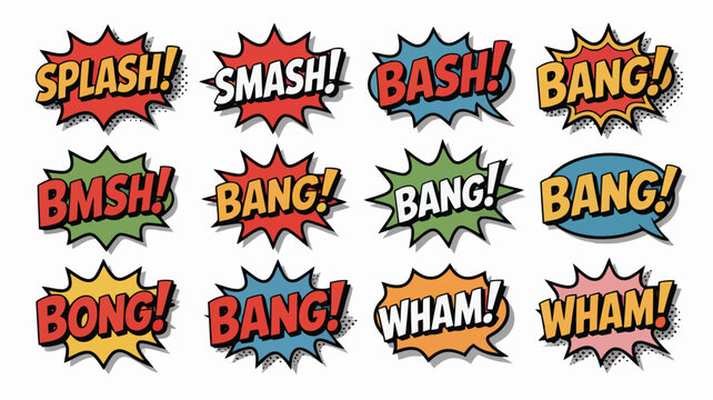 Group of vivid comic book style sound effect bubbles with classic pop art design and halftone textures