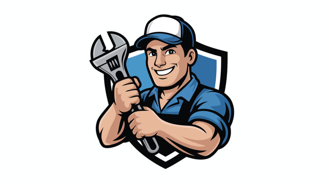Happy plumber or handyman wearing a cap and holding a large adjustable wrench with a shield emblem