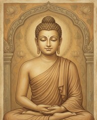 Serene Buddha Meditation Portrait, Golden Tones, Traditional Asian Art Archway
