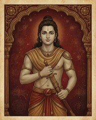 Lord Rama with Sword, Celestial Background, Indian Mythology
