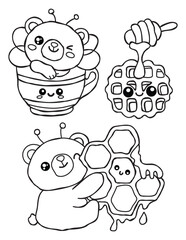 Cute Kawaii Bee Bear Honey and Waffles Coloring Page