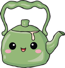 Adorable Green Ceramic Teapot Character With A Happy Smiling Face