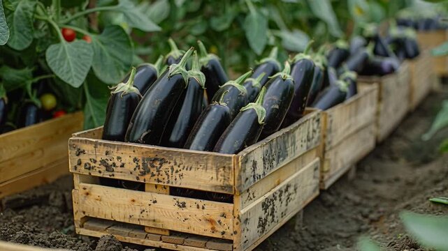 A collection of fresh vegetables sits in wooden crates after being picked from the garden. This scene shows the effort of harvesting right after a productive day in nature