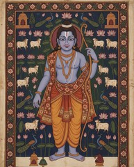 Lord Rama in Traditional Indian Painting with Peacocks and Cows