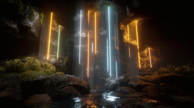 Illuminated cavern landscape with neon lights and flowing waterfall.