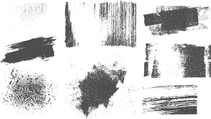 Assortment of nine monochromatic grunge textures showcasing brush strokes, splatters, and granular patterns artistic overlays and backgrounds
