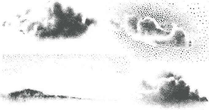 Abstract stippled cloud formations in monochromatic grayscale tones creating a textured atmospheric backdrop for
