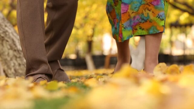 Low angle shot of a couple walking slowly in an autumn park. Their feet gently tread on golden yellow leaves, showcasing a romantic fall stroll. Love and togetherness in nature.
